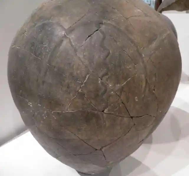 A wavy snake-like symbol inside a circle engraved on a vase